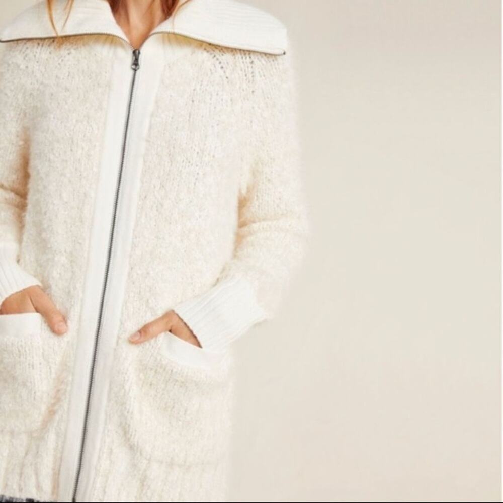 Anthropologie Furry Knit Zip Cardigan Sweater Jacket Ivory Small - Picture 2 of 8